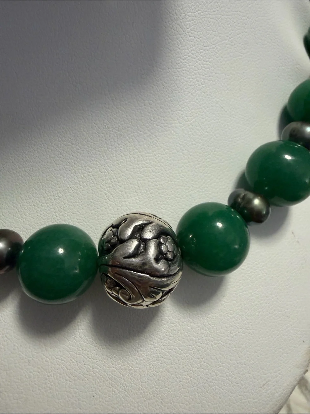 Genuine Jade & Peacock Pearl Necklace 925 Sterling Silver Clasp 18”